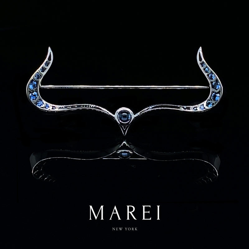 Amun-Ra Taurus Lapel Brooch Pin With Sapphires In 18K White Gold