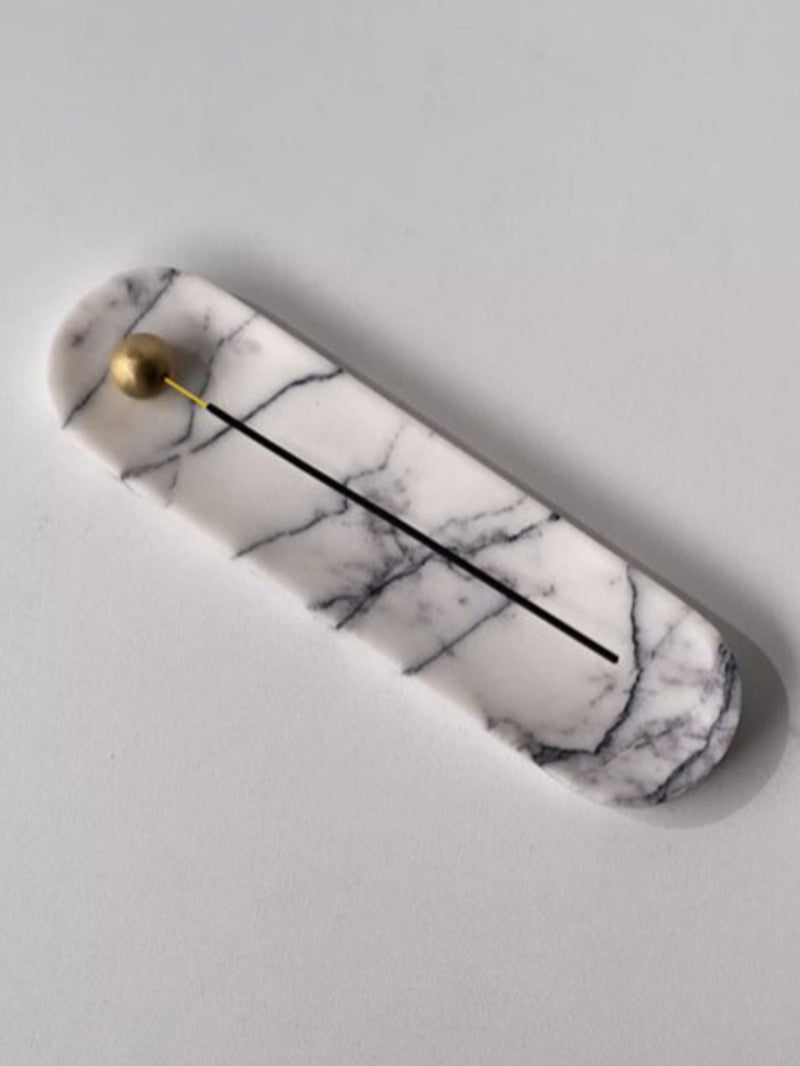 Tarabiza Long White Marble & Brass Incense Holder
