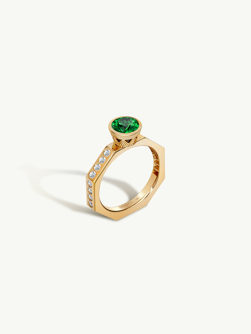 Octavian Lotus Engagement Ring With Round Brilliant-Cut Emerald Ring In 18K Yellow Gold