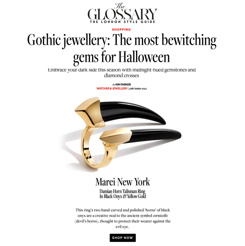 Damian Black Onyx Horn Talisman Ring In 18K White Gold