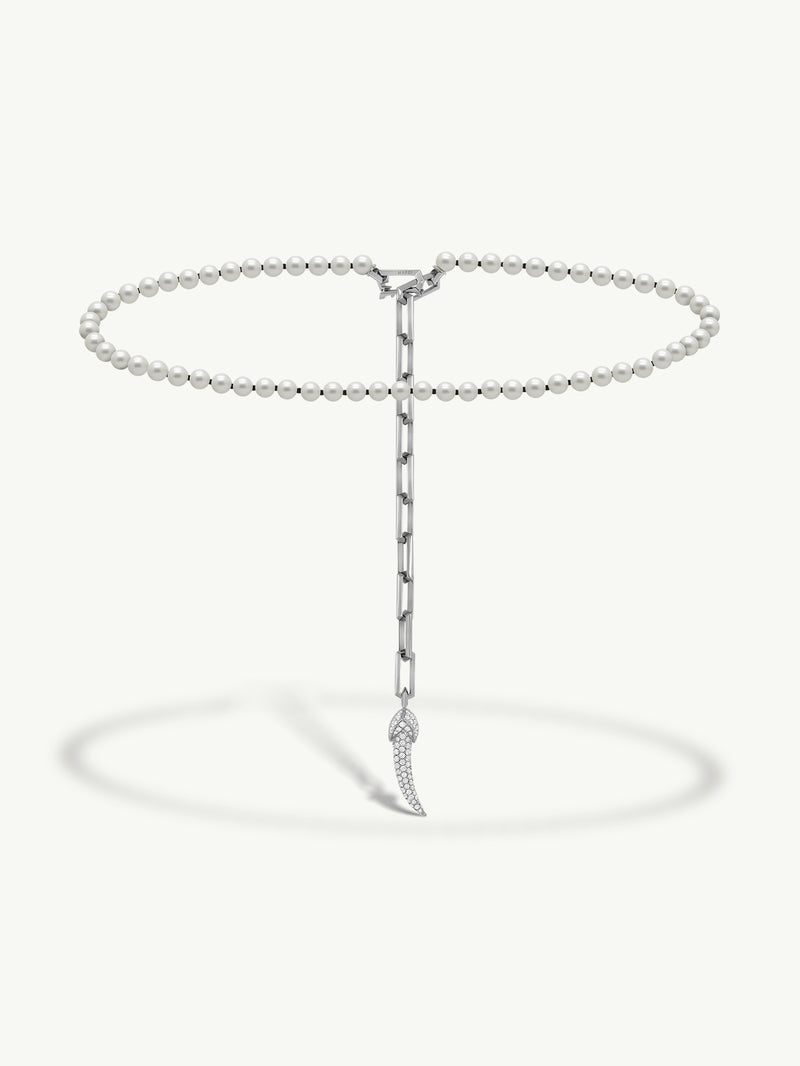 Damian Horn Talisman Pearl Necklace With Pavé-Set Brilliant Diamonds In 18K White Gold