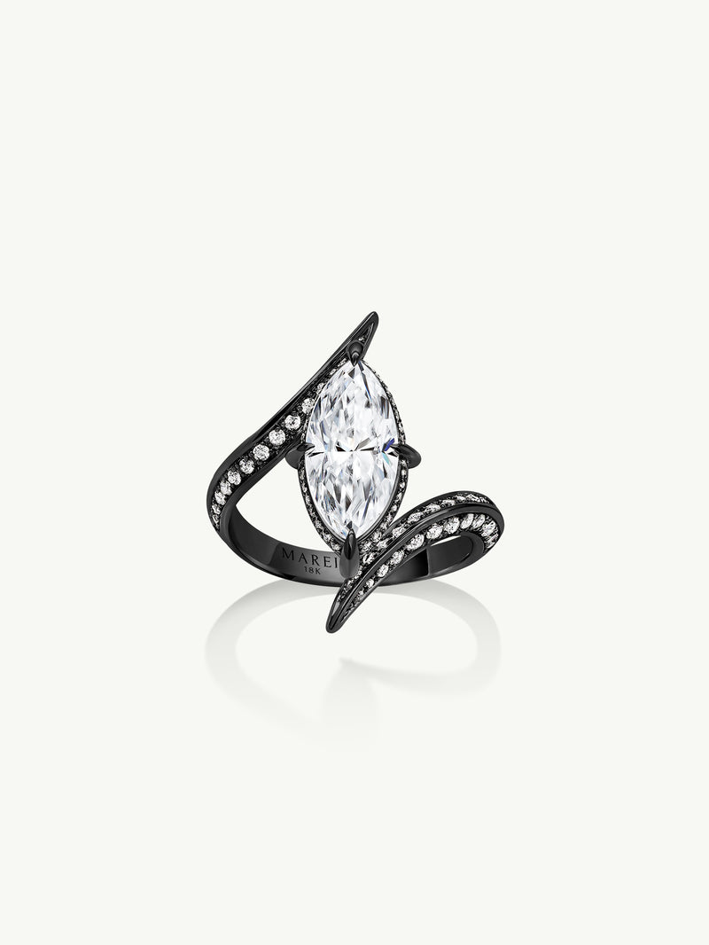 Ayla Arabesque Engagement Ring With Marquise-Cut White Diamond & Pavé-Set Brilliant White Diamonds In 18K Blackened Gold