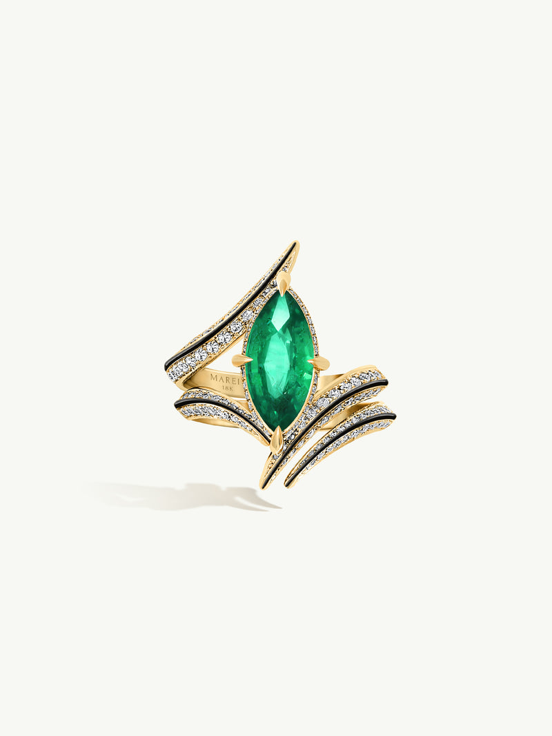 Ayla Arabesque Brilliant Marquise-Cut Emerald Ring With Pavé White Diamonds & Enamel In 18K Yellow Gold