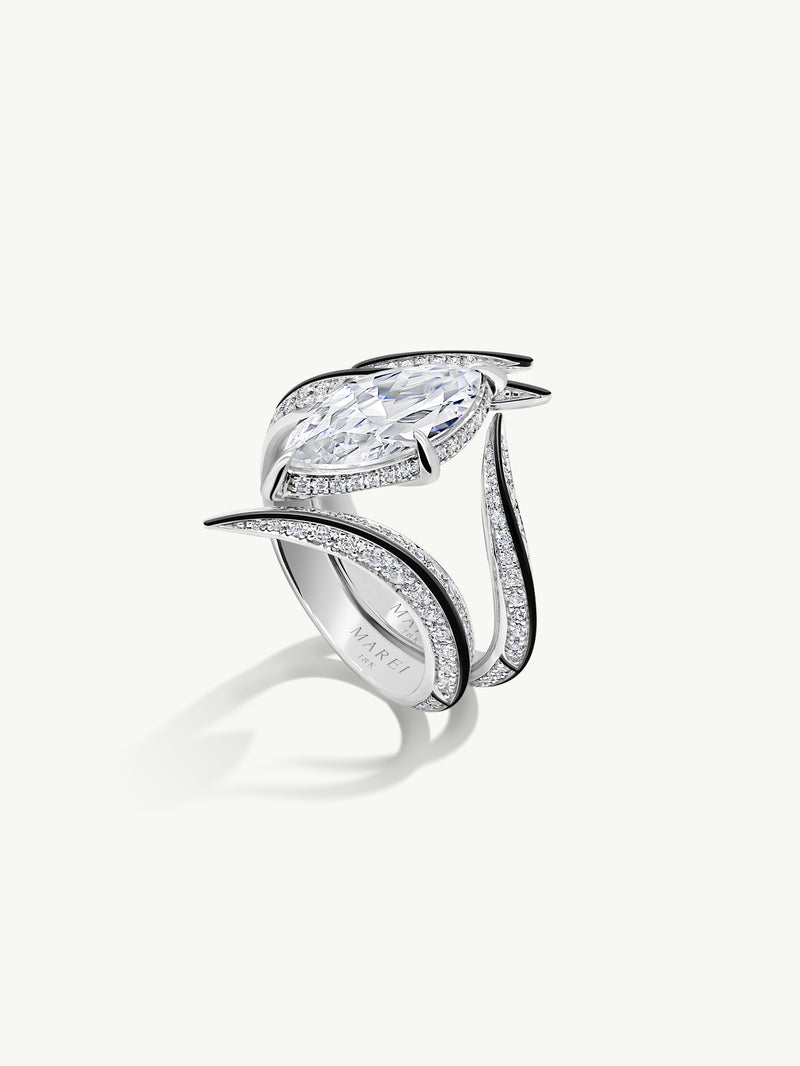 Ayla Arabesque Engagement Ring With Marquise-Cut White Diamond, Pavé-Set Brilliant White Diamonds & Enamel in 18K White Gold