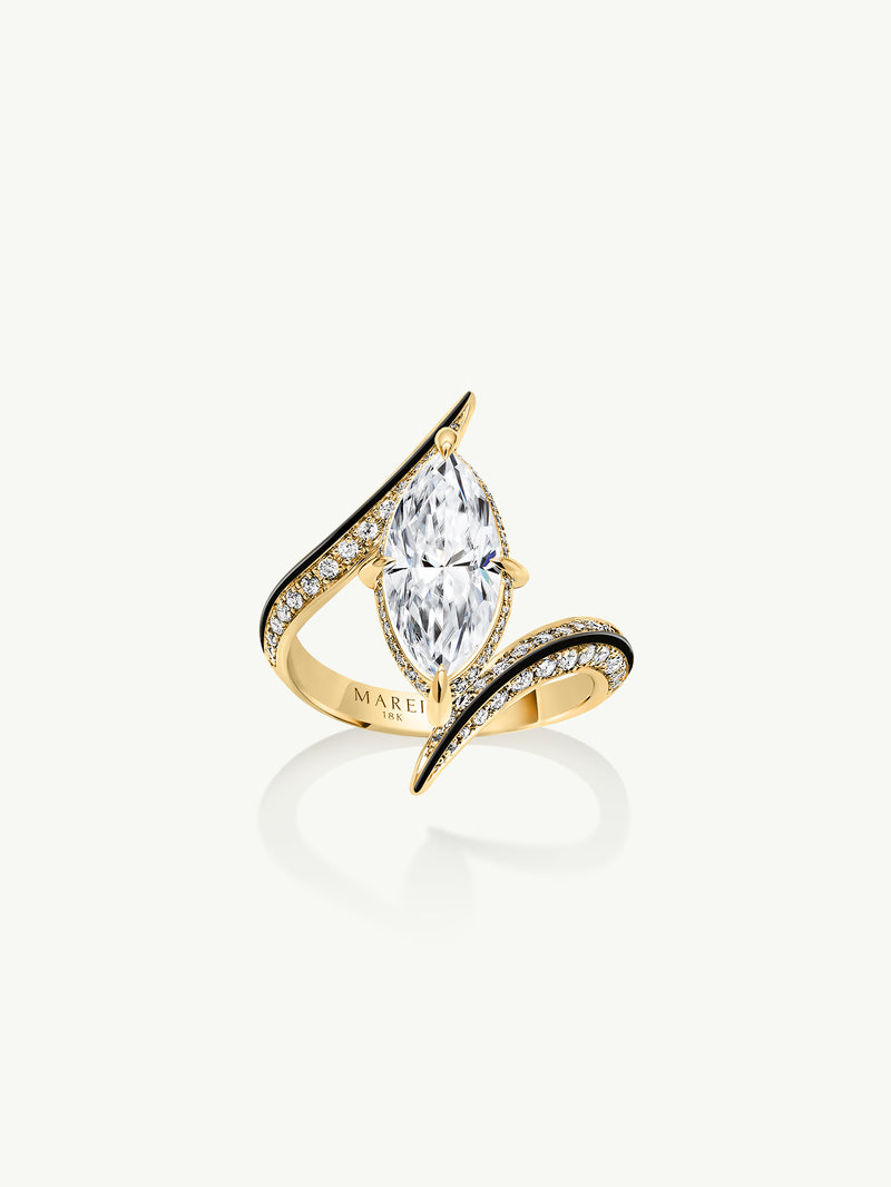 Ayla Arabesque Engagement Ring With Marquise-Cut White Diamond, Pavé-Set Brilliant White Diamonds & Enamel In 18K Yellow Gold