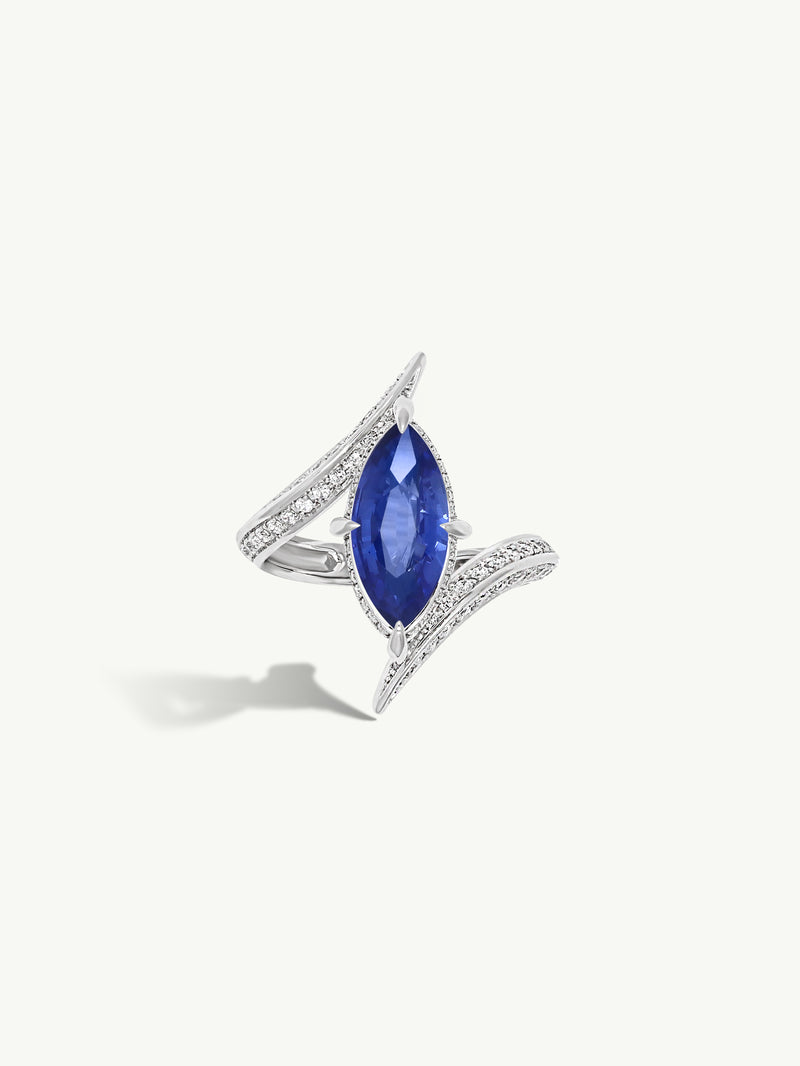 Ayla Arabesque Engagement Ring with Marquise-Cut Cornflower Blue Sapphire & Pavé-Set Brilliant White Diamonds In 18K White Gold