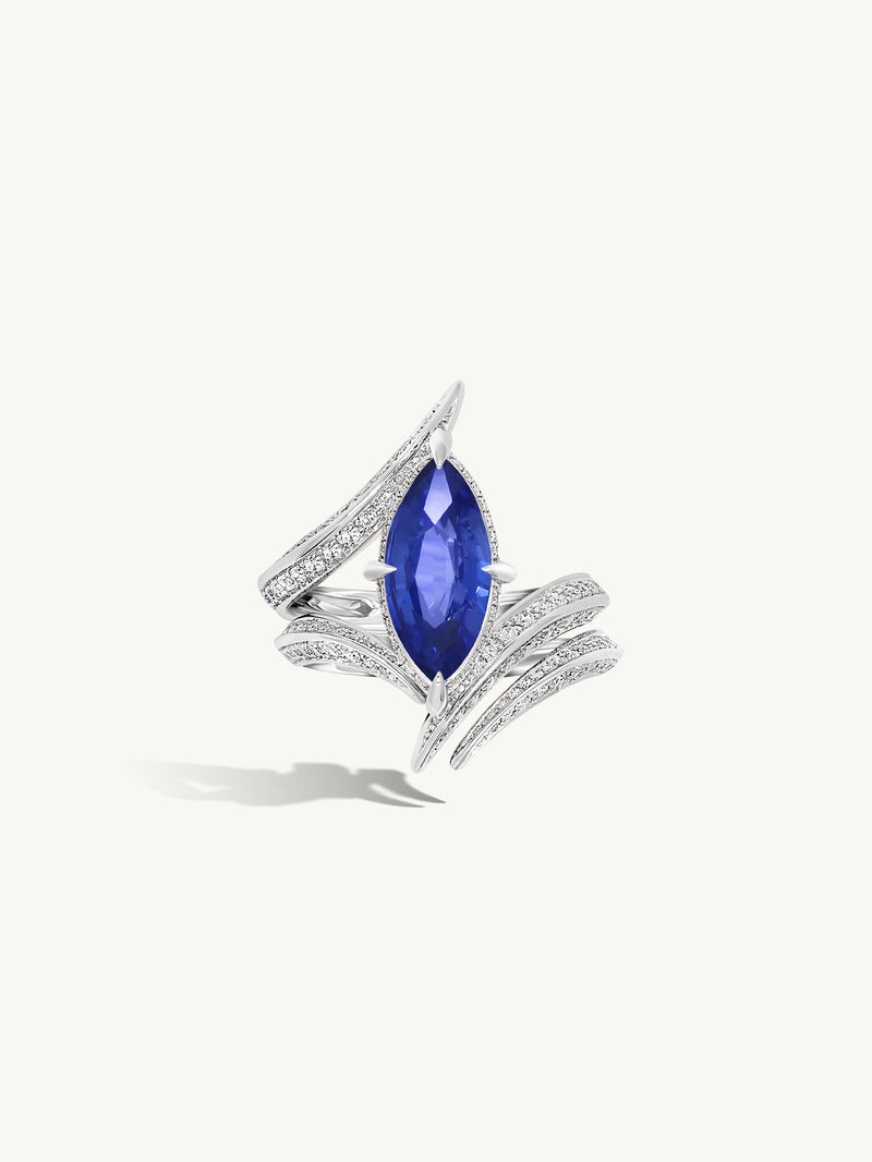 Ayla Arabesque Engagement Ring with Marquise-Cut Cornflower Blue Sapphire & Pavé-Set Brilliant White Diamonds In 18K White Gold