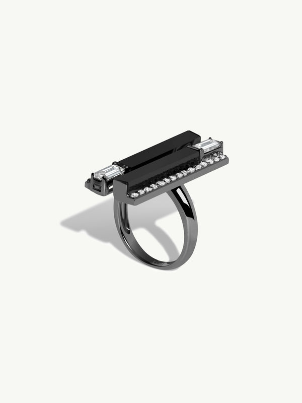 Invidia Black Onyx Column Ring With Baguette-Cut & Pavé Diamonds In 18K Blackened Gold, 1.28 CTW