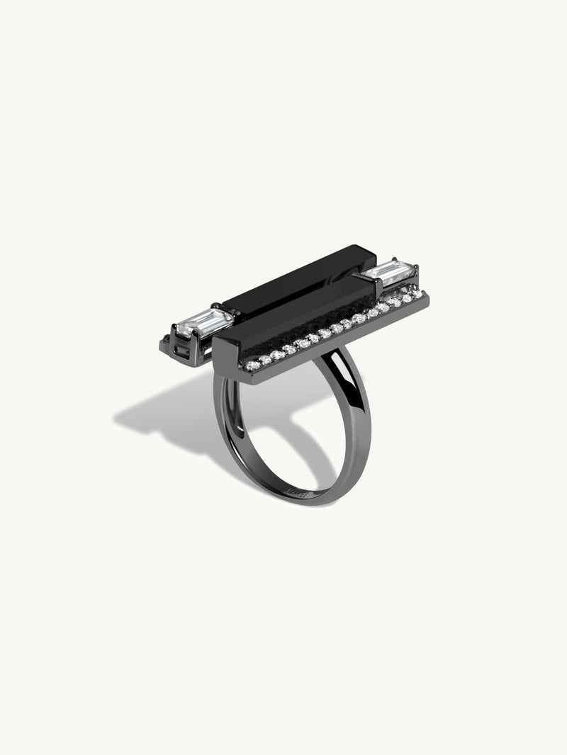 Invidia Black Onyx Column Ring With Baguette-Cut White Diamonds & Pavé-Set Diamonds In 18K Blackened Gold
