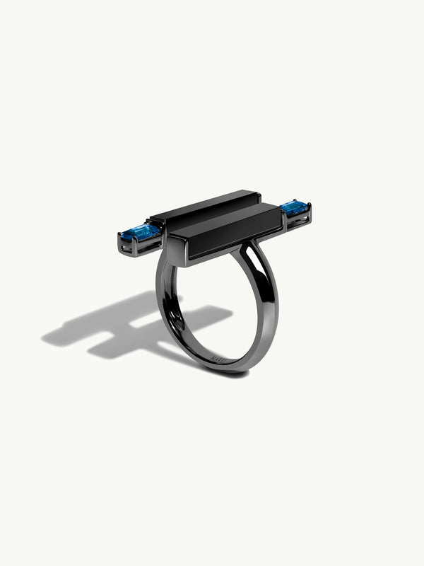 Invidia Black Onyx Column Ring With Baguette-Cut Blue Sapphires In 18K Blackened Gold