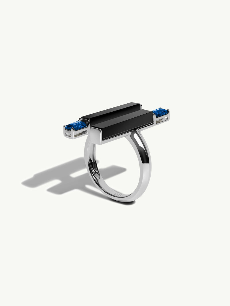 Invidia Black Onyx Column Ring With Baguette-Cut Blue Sapphires In 18-Karat White Gold