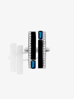 Invidia Black Onyx Column Ring With Baguette-Cut Blue Sapphires & Pavé-Set White Diamonds Ring In 18K White Gold