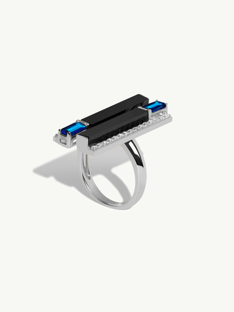 Invidia Black Onyx Column Ring With Baguette-Cut Blue Sapphires & Pavé-Set White Diamonds Ring In 18K White Gold