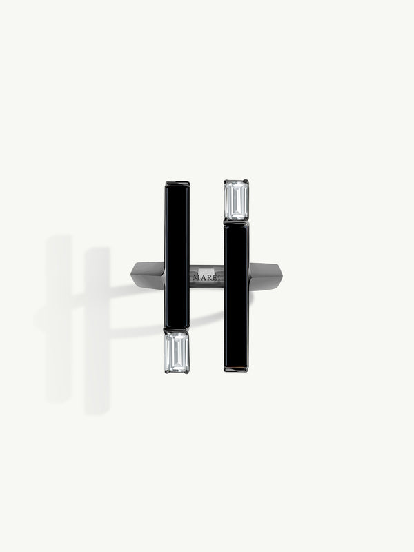 Invidia Black Onyx Column Ring With Baguette White Diamonds In 18-Karat Blackened Gold, 0.83 CTW