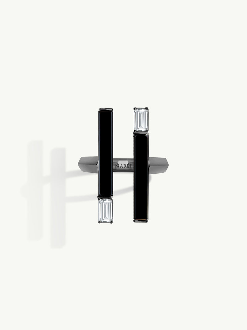Invidia Black Onyx Column Ring With Baguette White Diamonds In 18-Karat Blackened Gold, 0.83 CTW
