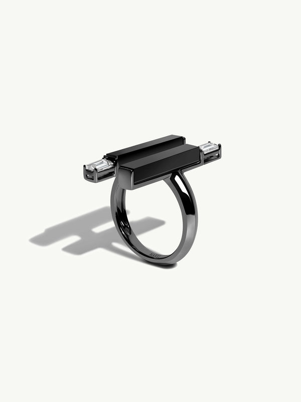 Invidia Black Onyx Column Ring With Baguette White Diamonds In 18-Karat Blackened Gold, 0.83 CTW