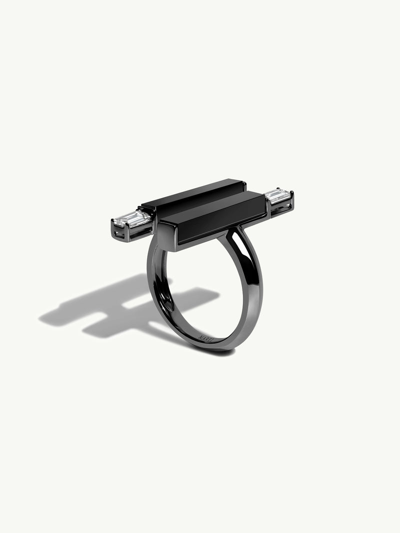 Invidia Black Onyx Column Ring With Baguette White Diamonds In 18-Karat Blackened Gold, 0.83 CTW