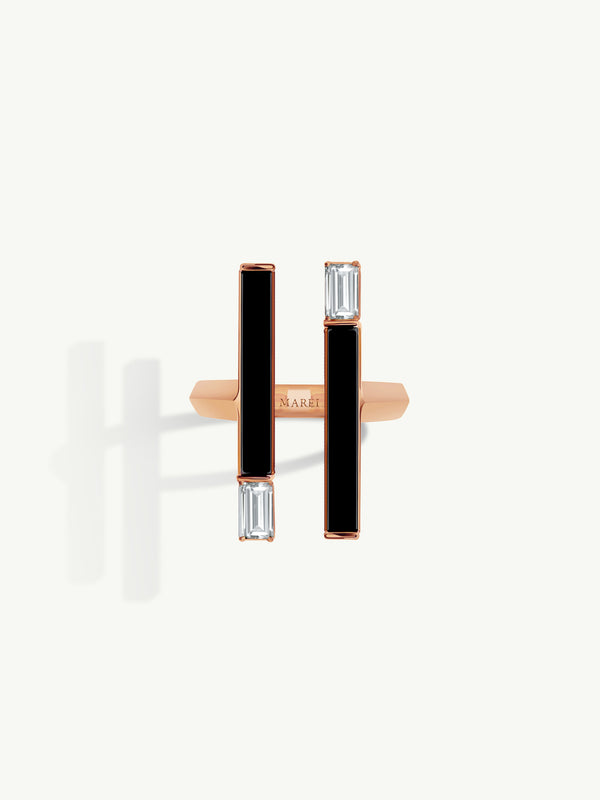 Invidia Black Onyx Column Ring With Baguette White Diamonds In 18-Karat Rose Gold, 0.83 CTW