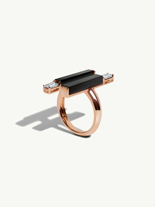 Invidia Black Onyx Column Ring With Baguette White Diamonds In 18-Karat Rose Gold, 0.83 CTW
