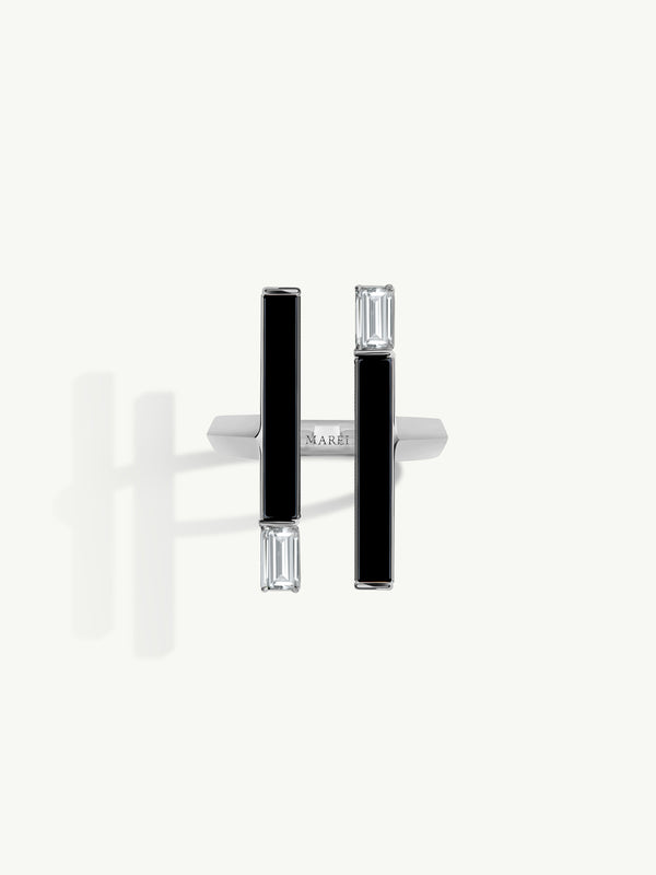 Invidia Black Onyx Column Ring With Baguette-Cut White Diamonds In 18-Karat White Gold, 0.83 CTW