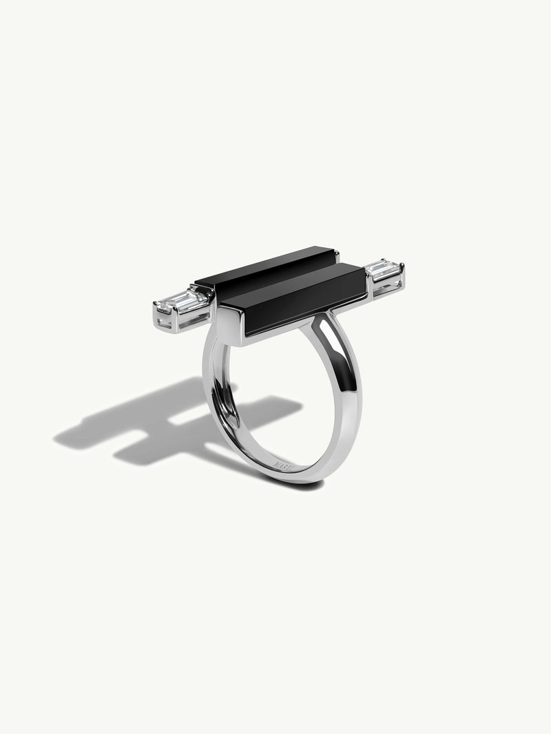 Invidia Black Onyx Column Ring With Baguette-Cut White Diamonds In 18-Karat White Gold