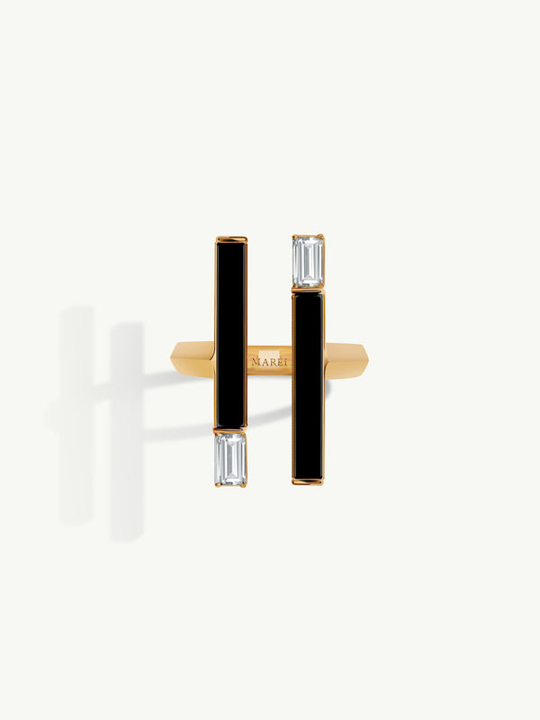 Invidia Black Onyx Column Ring With Baguette White Diamonds In 18-Karat Yellow Gold, 0.83 CTW