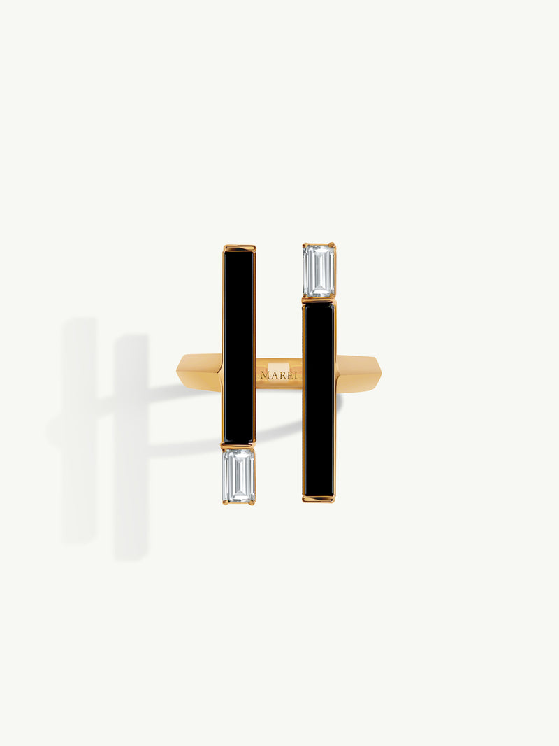 Invidia Black Onyx Column Ring With Baguette White Diamonds In 18-Karat Yellow Gold, 0.83 CTW