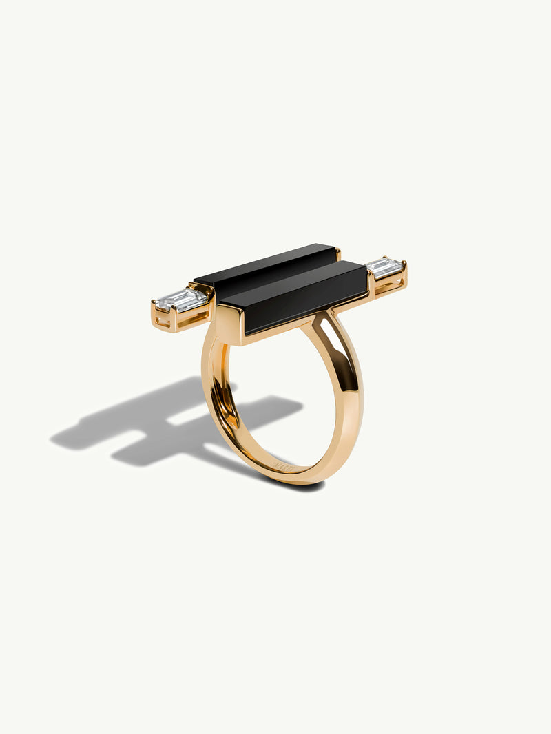 Invidia Black Onyx Column Ring With Baguette White Diamonds In 18-Karat Yellow Gold, 0.83 CTW