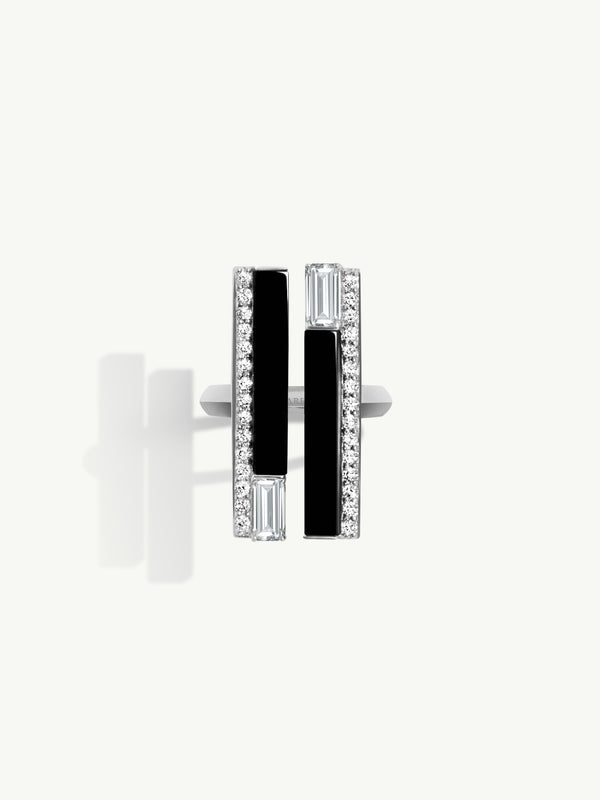 Invidia Black Onyx Column Ring With Baguette & Pavé-Set White Diamonds In 18K White Gold, 1.28 CTW