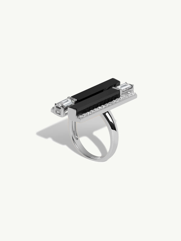 Invidia Black Onyx Column Ring With Baguette & Pavé-Set White Diamonds In 18K White Gold, 1.28 CTW
