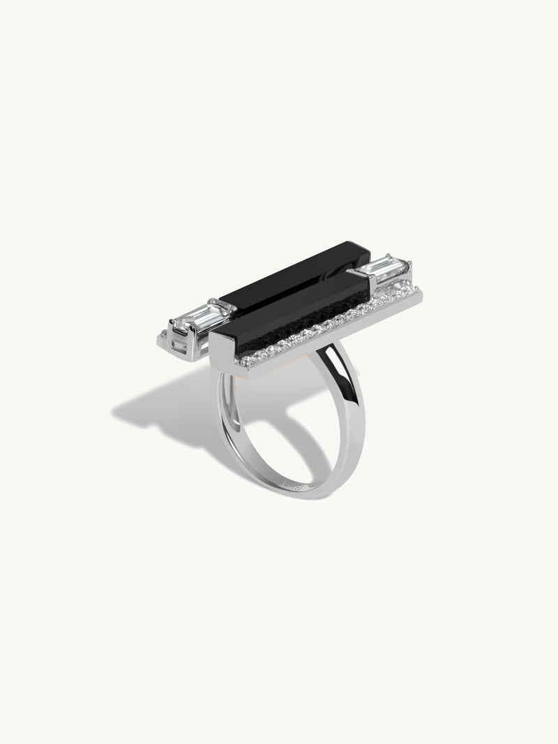 Invidia Black Onyx Column Ring With Baguette & Pavé-Set White Diamonds In 18K White Gold, 1.28 CTW