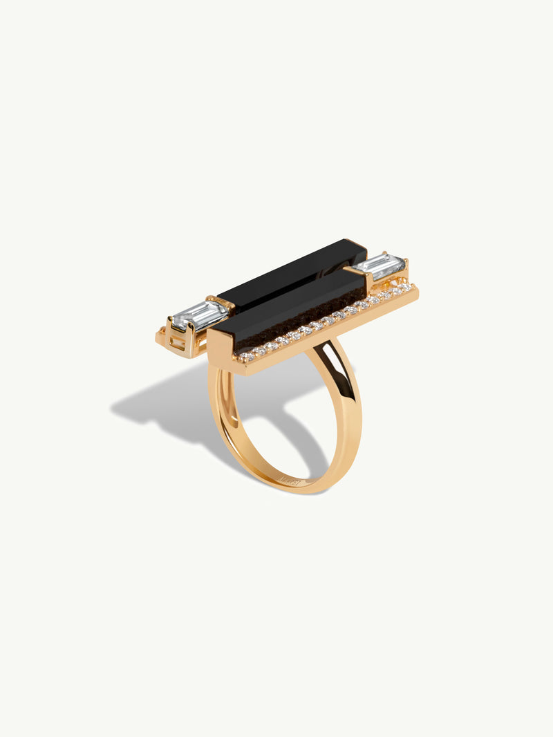 Invidia Black Onyx Column Ring With Baguette White Diamonds & Pavé-Set Diamonds In 18K Yellow Gold, 1.28 CTW