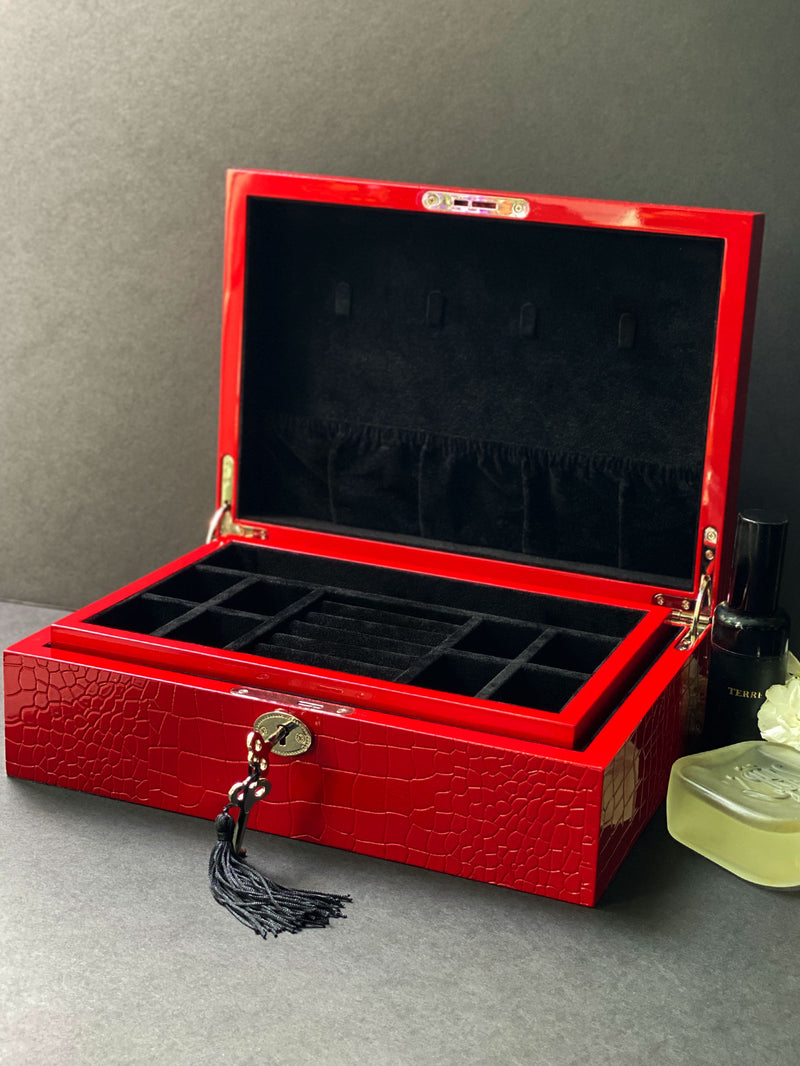Red Crocodile-Textured Leather Jewelry Box