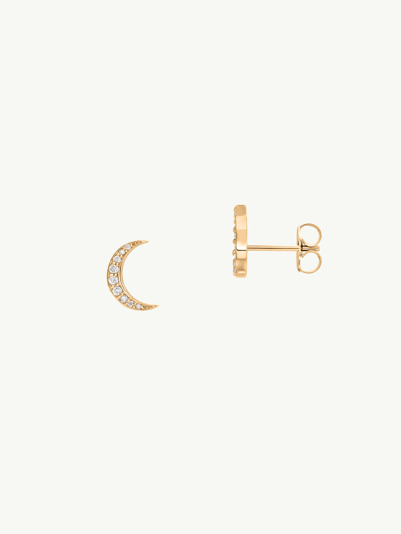 Crescent Moon Stud Earrings With Pavé White Diamonds In 14K Yellow Gold