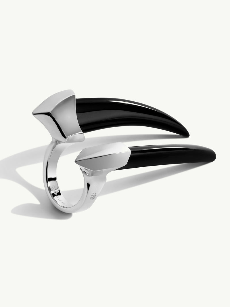 Damian Black Onyx Horn Talisman Ring In 18K White Gold
