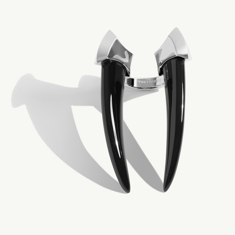 Damian Black Onyx Horn Talisman Ring In 18K White Gold